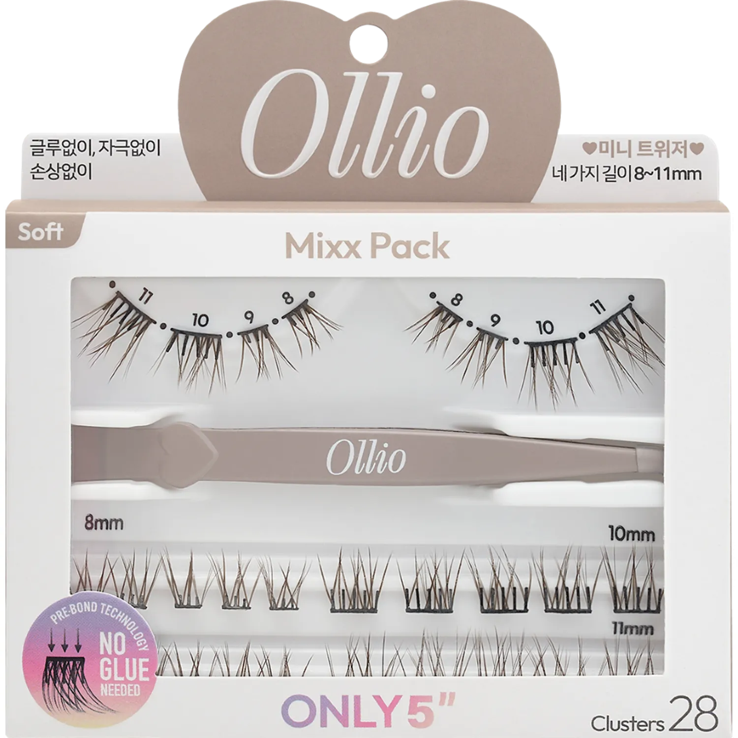 Ollio No Glue Eyelash [Mixx PACK] (8/9/10/11mm) 28pcs (+Mini Tweezer)