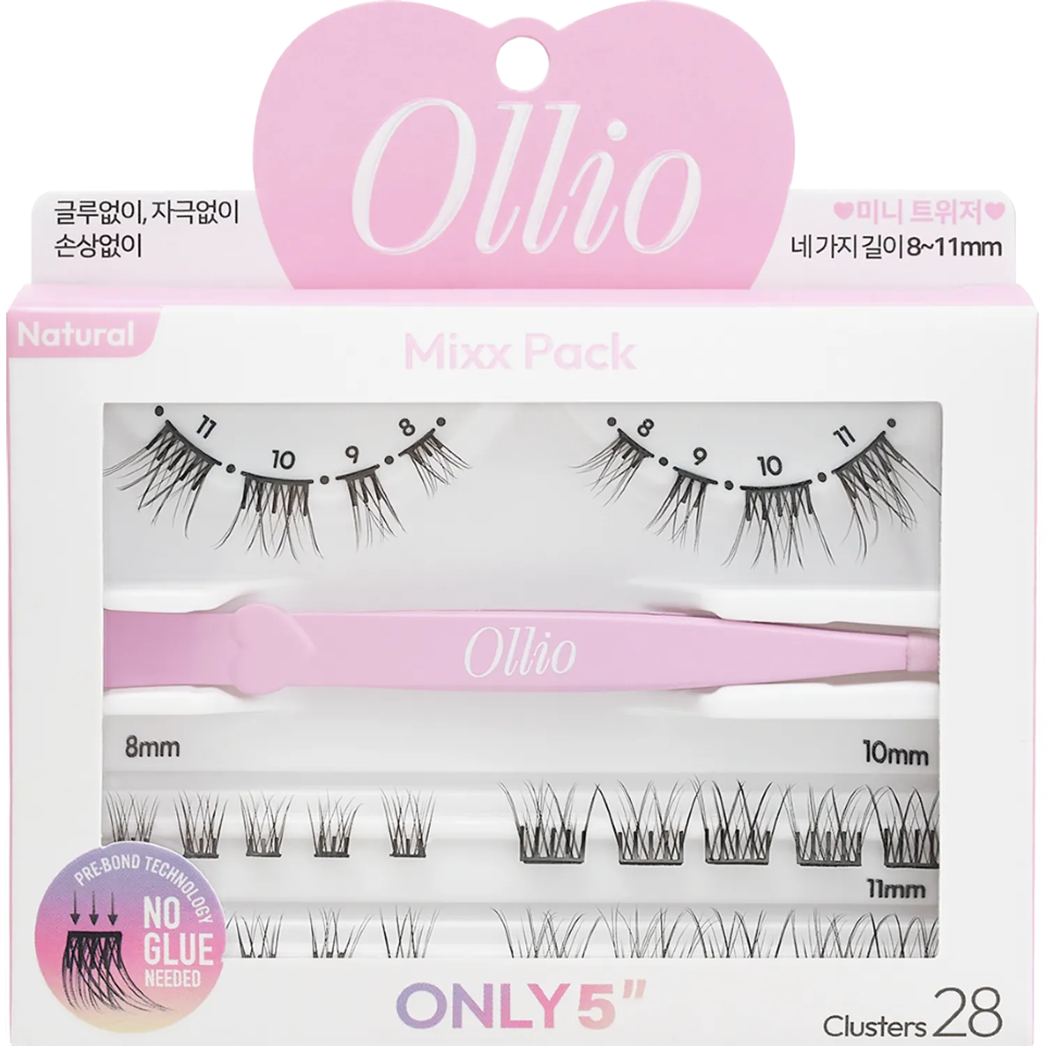 Ollio No Glue Eyelash [Mixx PACK] (8/9/10/11mm) 28pcs (+Mini Tweezer)