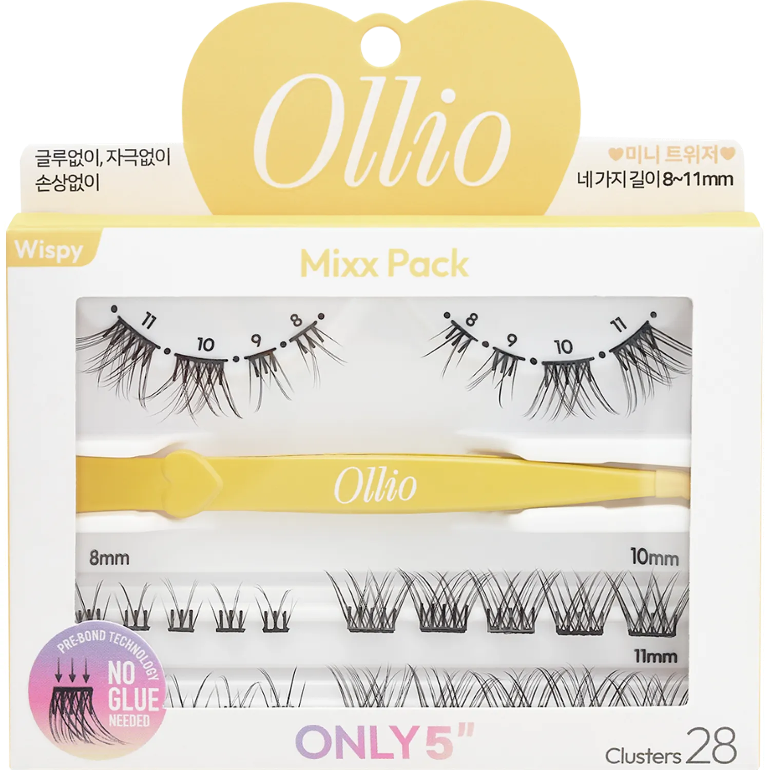 Ollio No Glue Eyelash [Mixx PACK] (8/9/10/11mm) 28pcs (+Mini Tweezer)