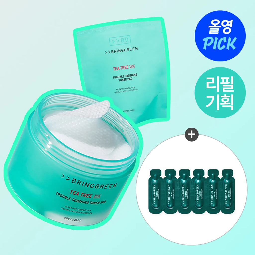 BRINGGREEN Tee Tree Cica Trouble Soothing Toner Pad 90P Refill Set (+Blister 6P)