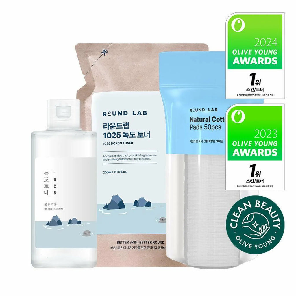 [+Refill/Cotton pad] ROUND LAB 1025 Dokdo Toner 200ml Refill Set