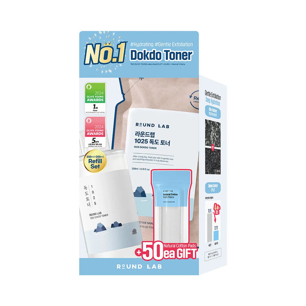 [+Refill/Cotton pad] ROUND LAB 1025 Dokdo Toner 200ml Refill Set