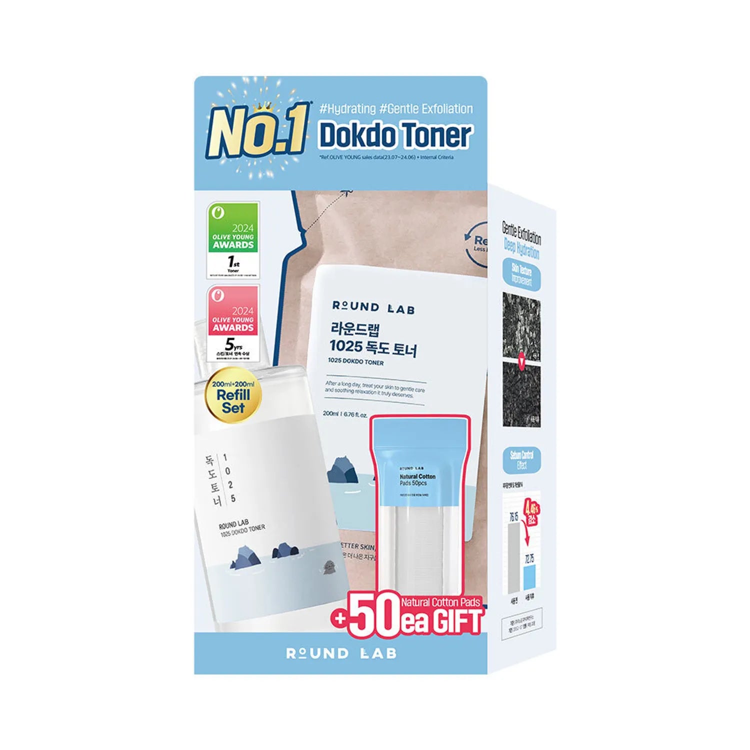 [+Refill/Cotton pad] ROUND LAB 1025 Dokdo Toner 200ml Refill Set