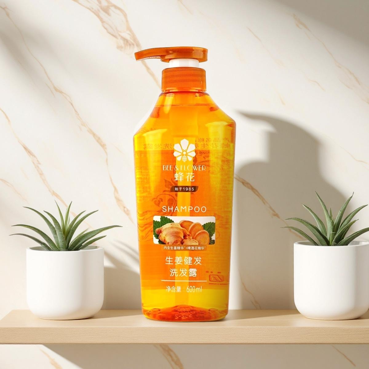 蜂花BEE&FLOWER 生姜啤酒花精华洗发水 无硅油生姜健发洗发露 600ml 去油蓬松 强韧亮泽 改善断发 油腻扁塌发丝脆弱分叉打结发质