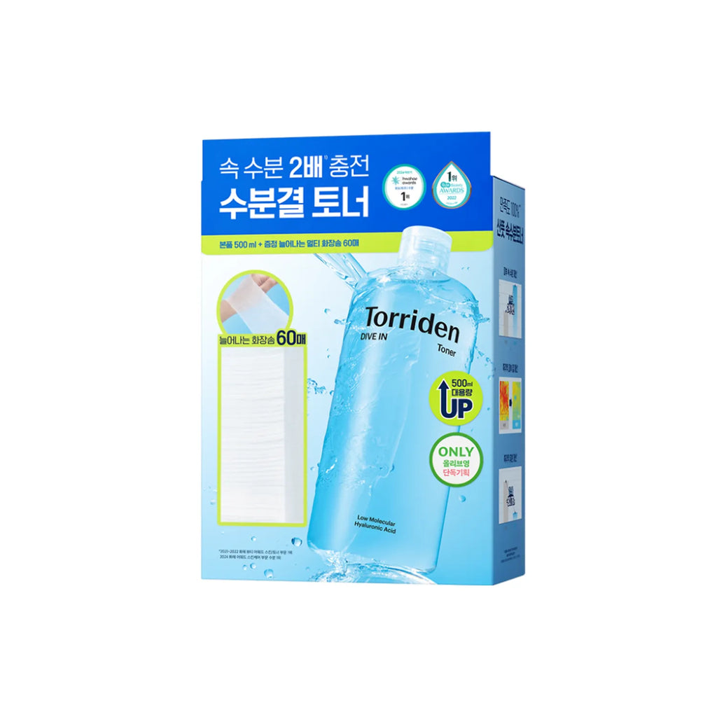 Torriden Dive In Low Molecular Hyaluronic Acid Toner 500ml Set (+Stretchable Cotton Pad 60P)