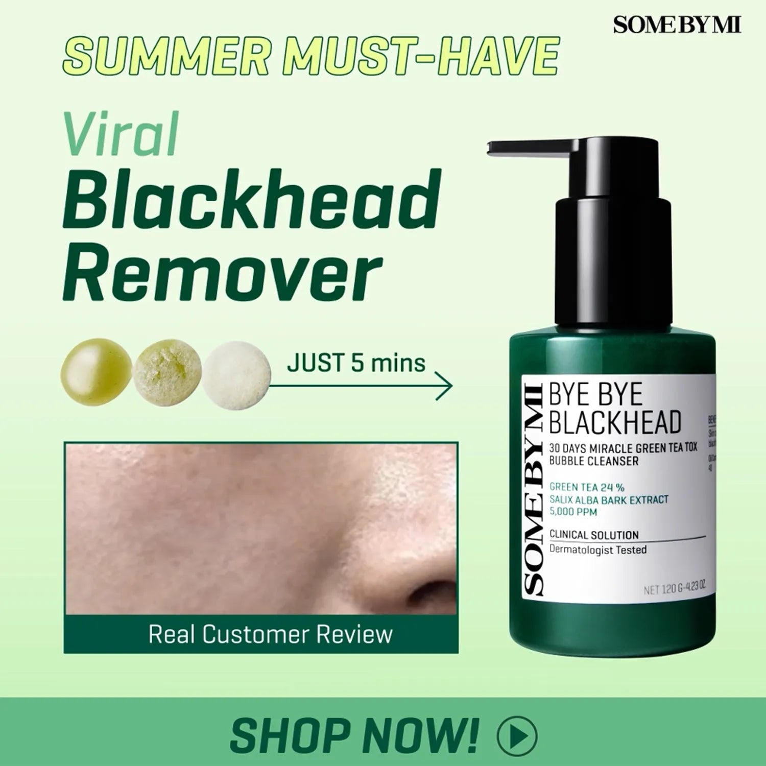 SOME BY MI Bye Bye Black head 30 Days Miracle Green Tea Tox Bubble Cleanser 120g