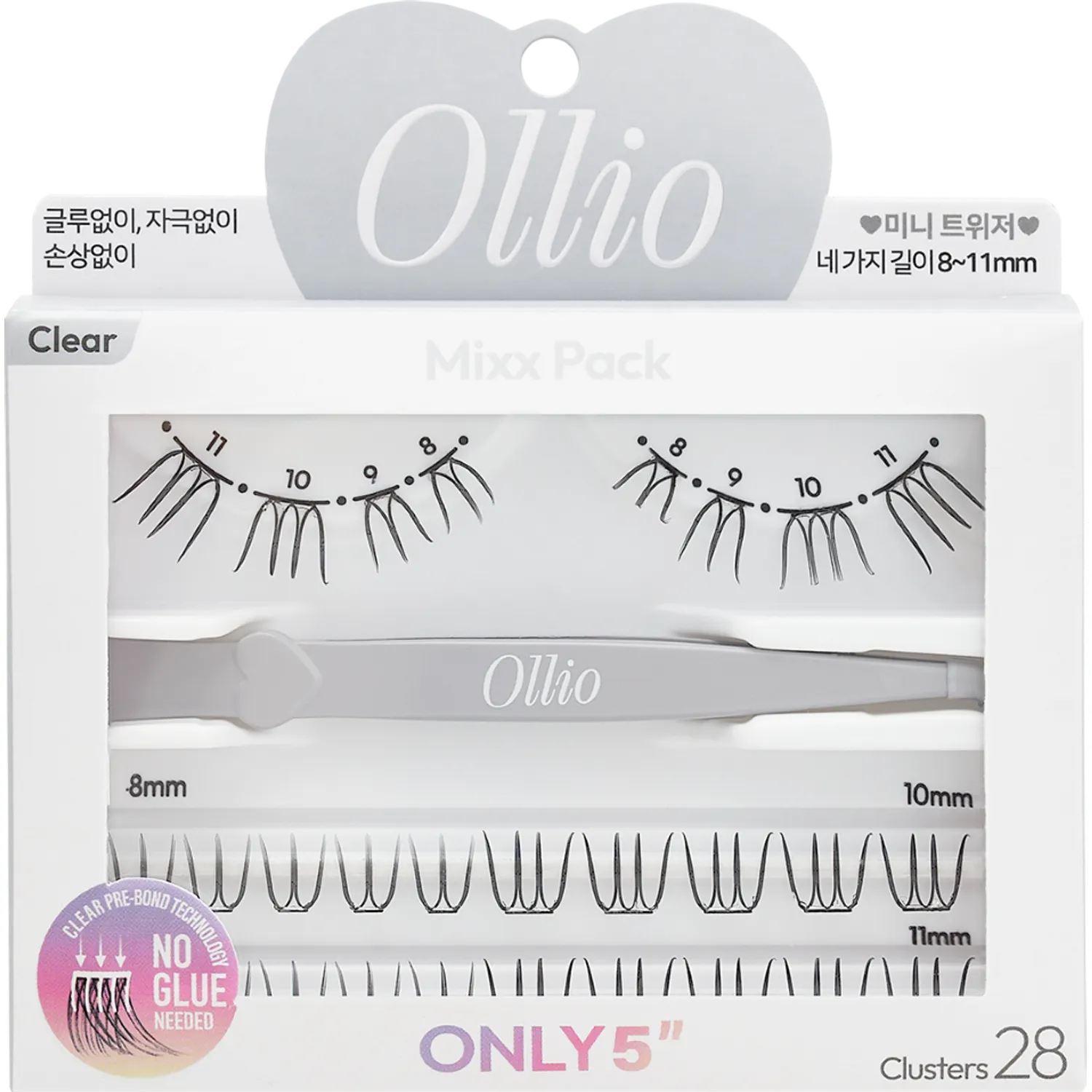 Ollio No Glue Eyelash [Mixx PACK] (8/9/10/11mm) 28pcs (+Mini Tweezer)