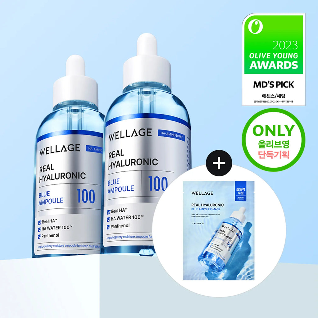 WELLAGE Real Hyaluronic Blue 100 Ampoule 75ml Double Pack (+Mask Sheet 1ea)