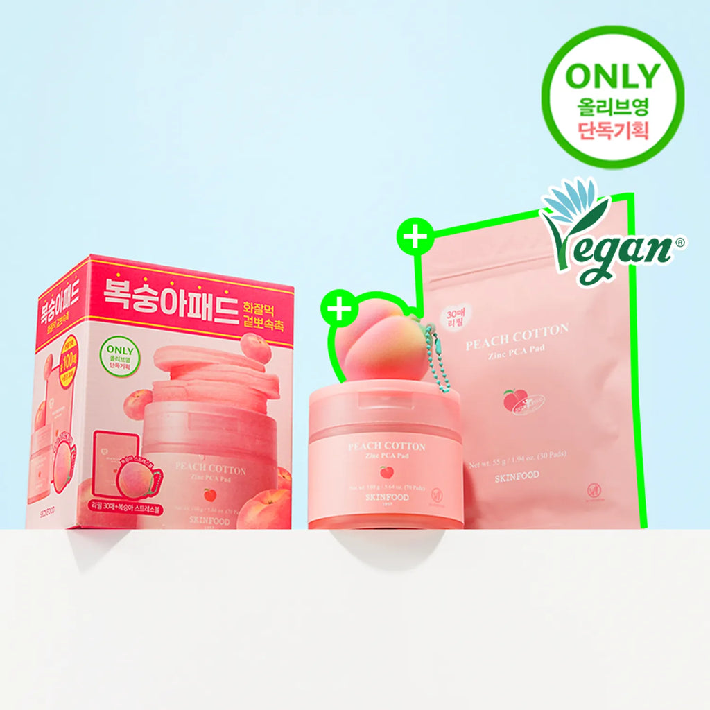 SKINFOOD Peach Cotton Zinc PCA Pad 70P Set (+Refill 30P+Stress Ball Keyring)