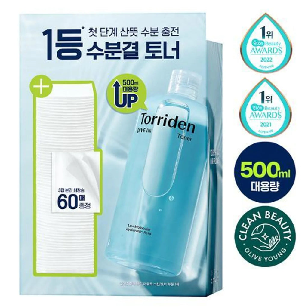 Torriden Dive In Low Molecular Hyaluronic Acid Toner 500mL Special Set (+Cotton Pad 60P)