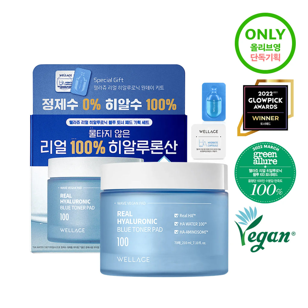 WELLAGE Real Hyaluronic Blue Toner Pad Special Set (70 Sheets + One Day Kit 1ea)