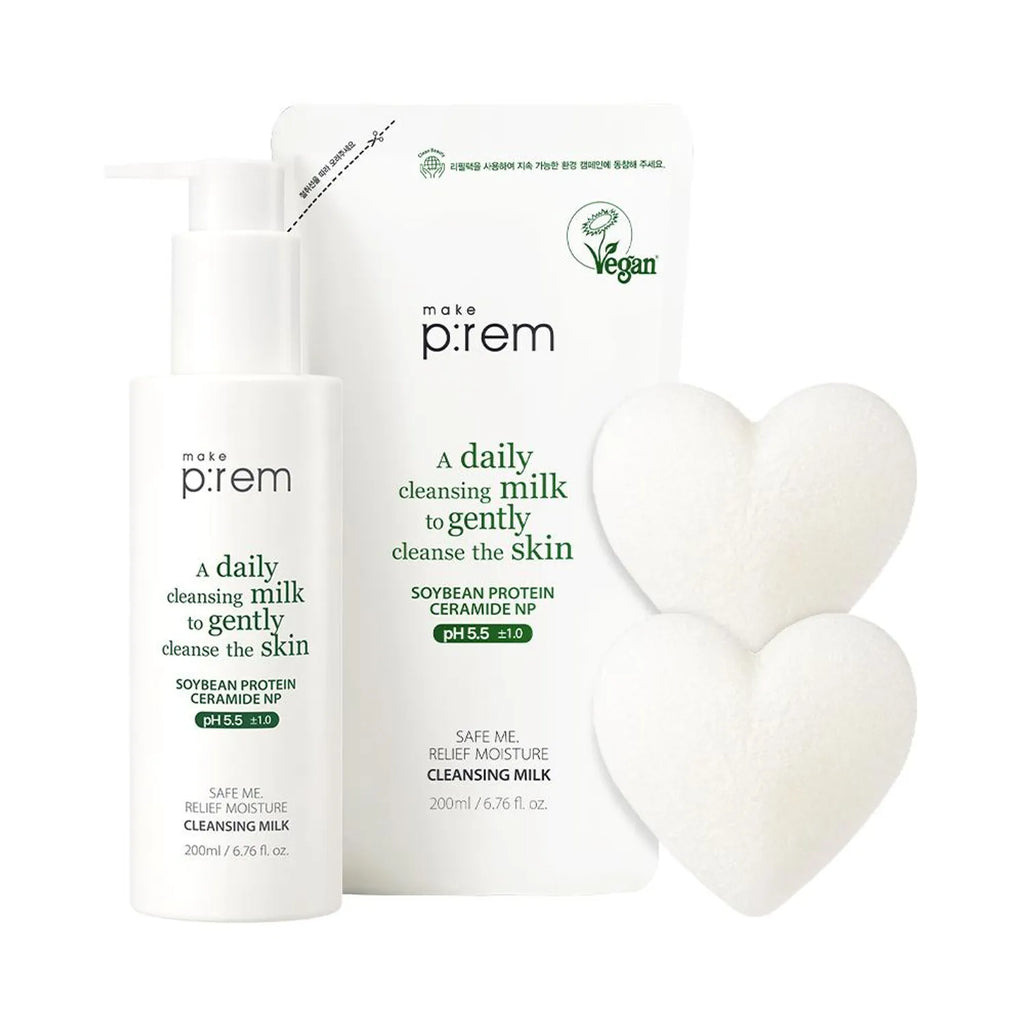 makeprem Safe Me Relief Moisture Cleansing Milk 200ml Set (+Refill 200ml+Heart Konjac Sponge*2ea)