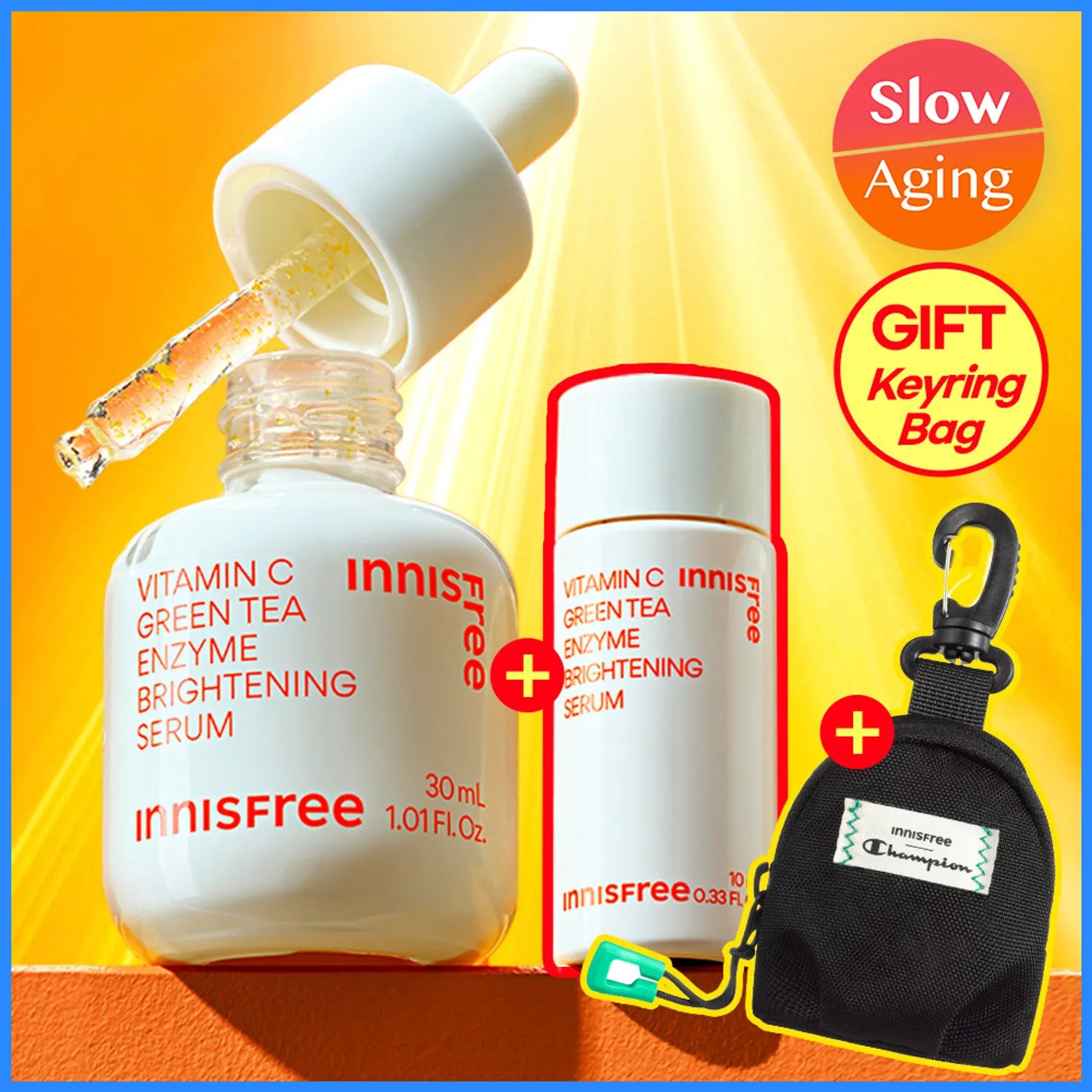 INNISFREE Vitamin C Green Tea Enzyme Brightening Serum 30ml Set (+10ml+Champion Keychain Mini Bag)